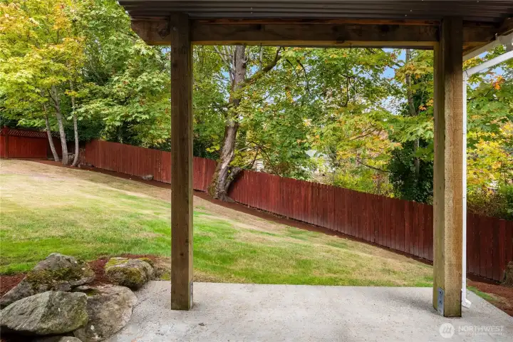 Just off the rec room is this lower patio that leads to the enormous fenced backyard.
