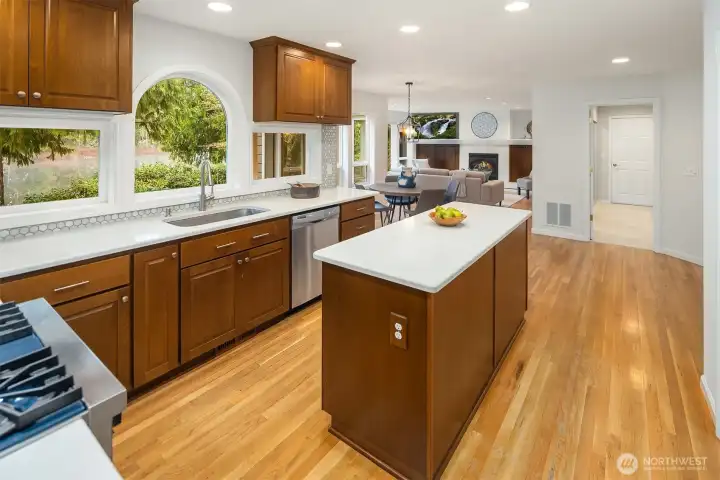 This nice kitchen has a center island with pull out drawers, Quartz Counter Tops, Stainless Steel Appliances,  a big walk in pantry closet, and lovely views out to the lake!