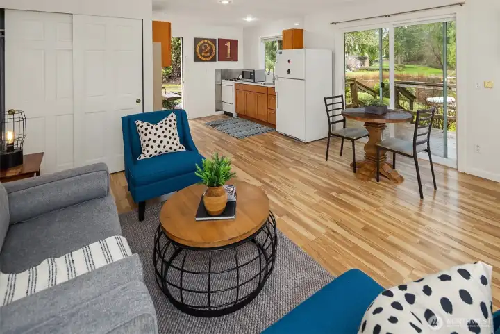 The cottage has a smaller kitchen and bathroom, plenty of closet space