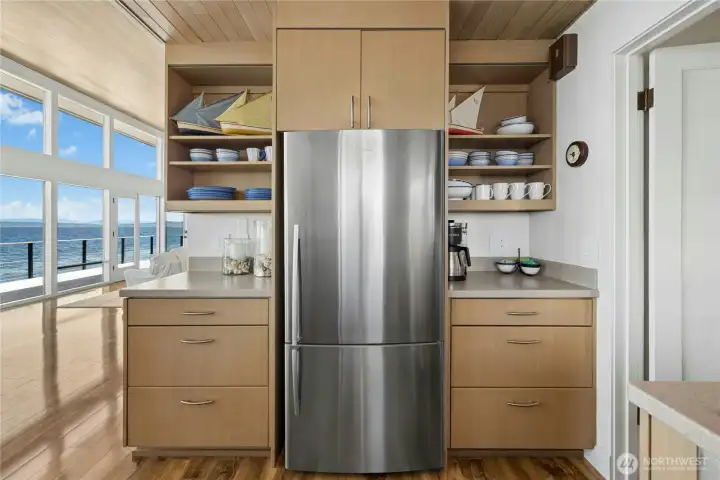 Fischer Paykel refrigerator, coffee nook and open shelving.