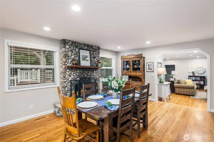 Dining area with fireplace.
