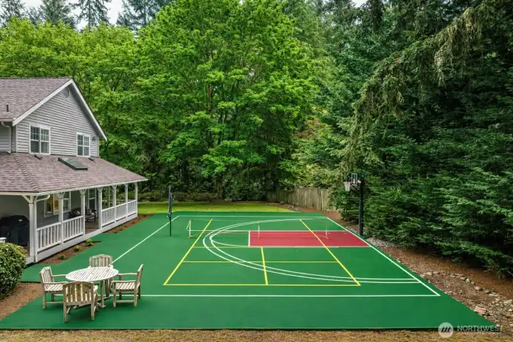 Sport Court features pickleball, basketball, badminton, and more. Surface enhanced by co-pilot to show what it could look like if it were repainted.
