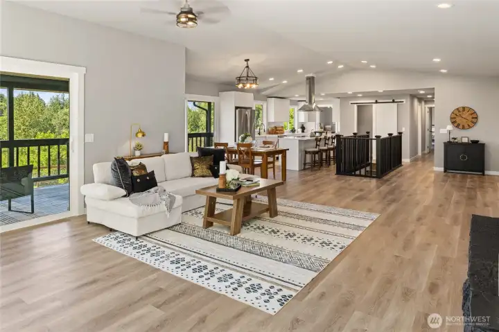 Great room looking into dining area and spacious kitchen area!
