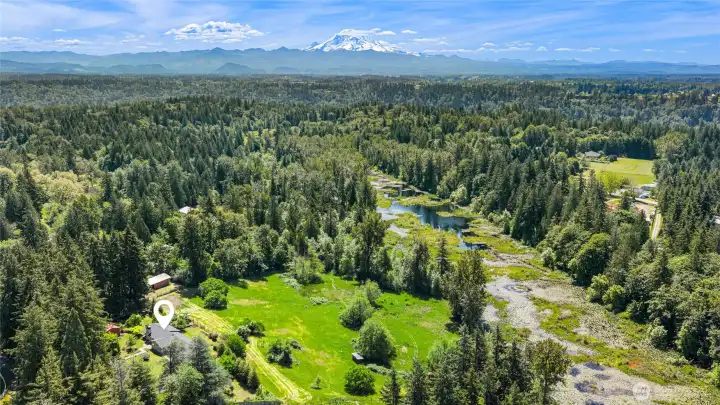 Home marked showing property, Lake Moneysmith below and Mt Rainier views!