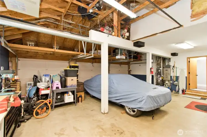 Overhead storage space in oversized garage Overhead storage space in oversized garage