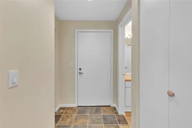 Center Door = Entry | Door to Bathroom at Right