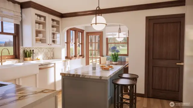 Artist's rendering view of kitchen to breakfast nook after a remodel.  Just an idea to get you planning.