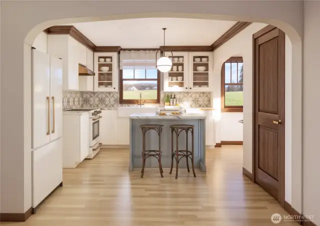 This is another rendering showing what the kitchen might look like if the wall between the formal dining and existing kitchen were removed and opened up.
