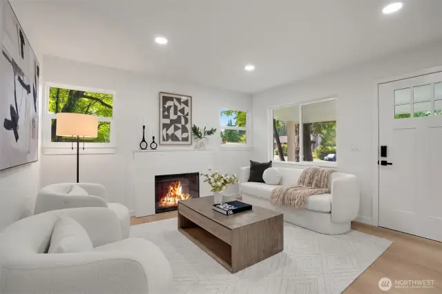 Couches, table, fireplace