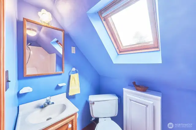 Bathroom with shower tucked under the eaves.
