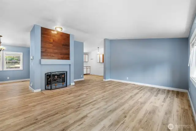 The beautiful fireplace provides ambience and warmth on colder days.