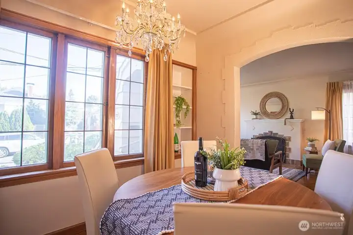 Glamorous light fixture in the dining room - not original to the house