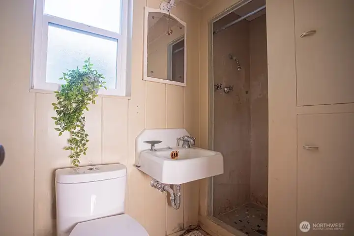 lower floor bathroom with newer toilet and lots of vintage charm