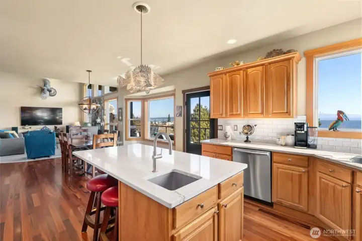 Center Island with bar sink and wine fridge