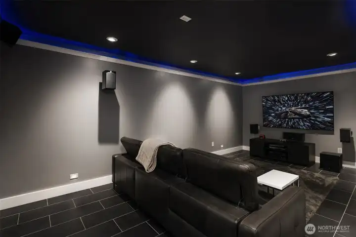 Media room designed for immersive viewing.