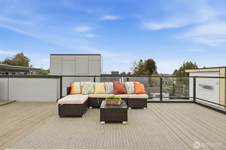 Spacious rooftop deck for entertaining, with gas grill (that stays!) connected to the home gas line; Trex decking, and a view of Seattle skyline and the Great Wheel.
