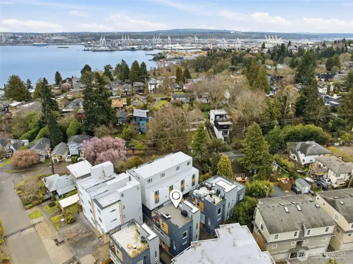 Looking east toward Harbor Island and the Cascades.