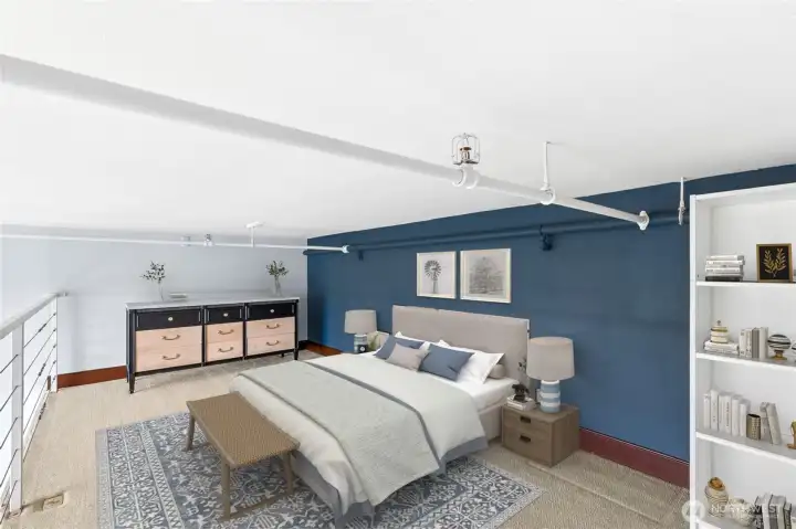 Spacious and airy, the loft bedroom provides a unique retreat with an open, elevated feel. This photo has been virtually staged.