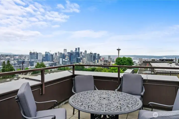 Elevated rooftop community space offering iconic Space Needle, skyline, and water views with inviting alfresco gathering areas.