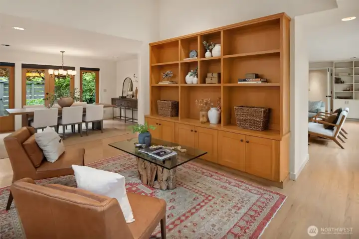 The sitting area off the kitchen features gorgeous and practical built-ins. The sitting area off the kitchen features gorgeous and practical built-ins.