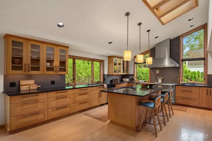 Custom fir cabinetry, granite counters, Viking and Sub-Zero appliances, operable skylights make this kitchen a dream Custom fir cabinetry, granite counters, Viking and Sub-Zero appliances, operable skylights make this kitchen a dream