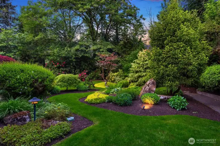 Another view of the mature garden spaces, with landscape lighting and irrigation Another view of the mature garden spaces, with landscape lighting and irrigation
