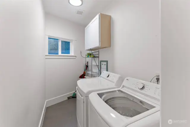 Here is the laundry side of the room. A small window lets light in and the storage you have will make hiding all your products out of sight a breeze.