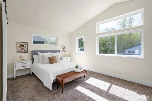 Primary bedroom is large with vaulted ceilings.