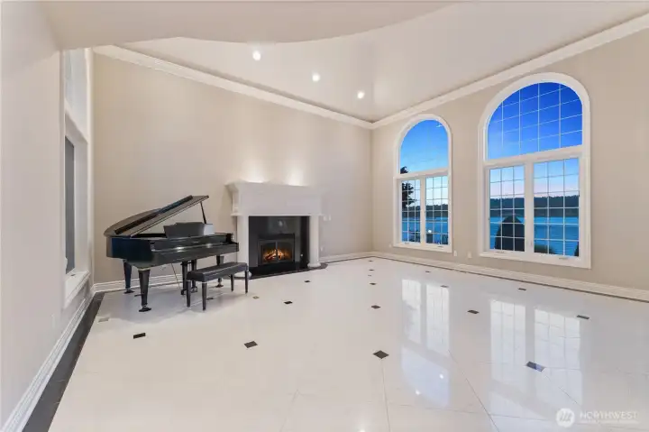 Entertain with elegance.  Formal space perfect for a piano or artrful living-Lake Washington views beyond.