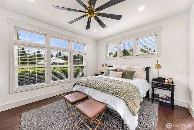 Primary suite with lots of natural light. Look at the beautiful ceiling fan.