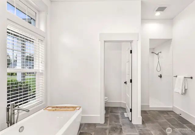 Another view of the primary looking into the toilet closest and large walk in tiled shower.