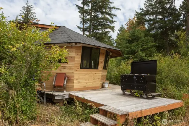 across the road from the Yurt is the Limpet Cabin- a nine sided dwelling with water, power and a wood stove.
