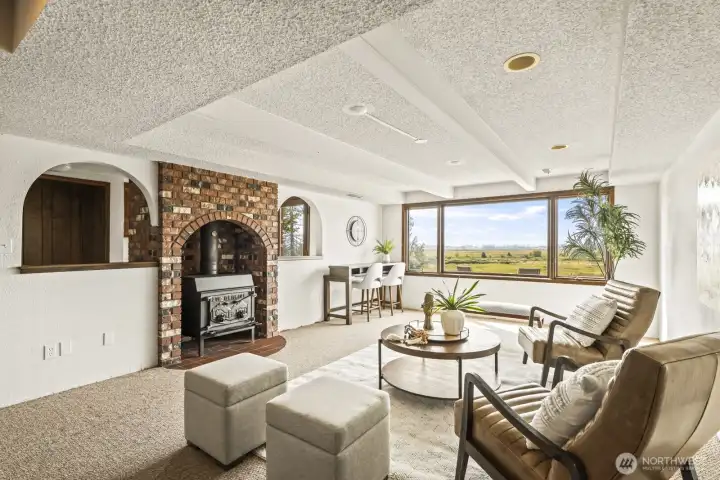Lower level family room with wood burning stove