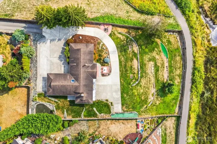 Aerial view of the property. You can see Ebey Waterfront walking trail