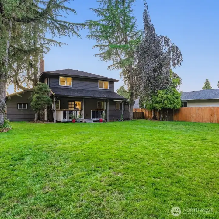 A spacious back yard with a dog run, next to an elementary school and a dog kennel