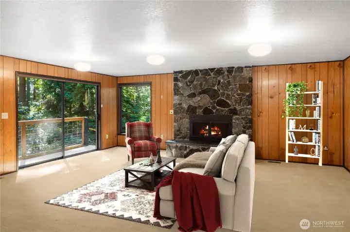 The warm and inviting family room on the lower level has access through the sliding door to the back yard.  Cool Retro lights, and rock from the Mats Mats Quarry add character to this spacious room.