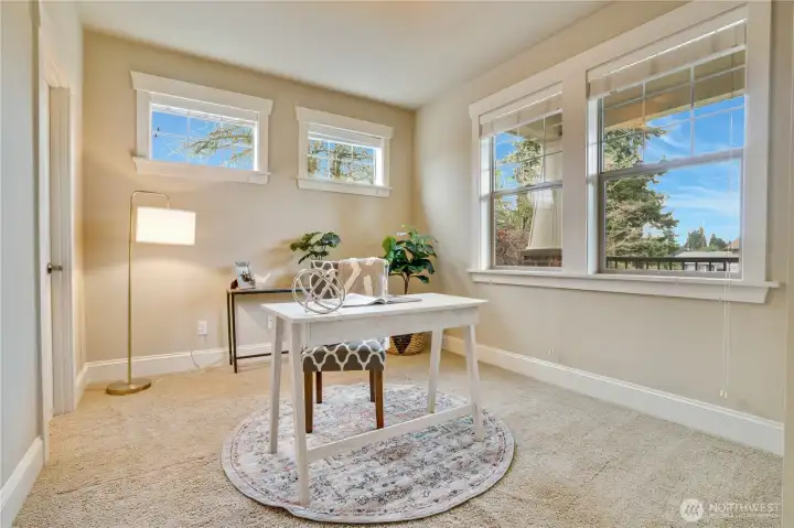 Office, fourth bedroom, or guest room—this main floor space offers versatility and function. A walk-in closet with built-in shelving provides excellent organization.