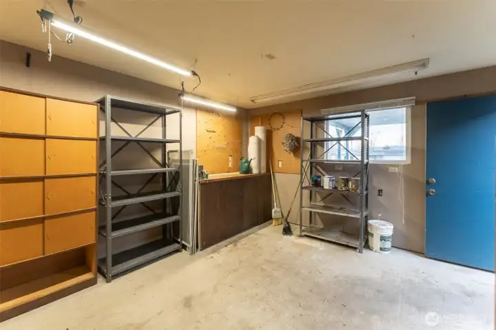 Shed with plenty of shelving.  All the window screens are being stored in here.