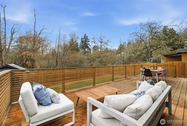 Large back deck with dining and lounging areas