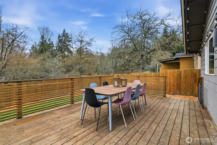 Large back deck with dining and lounging areas