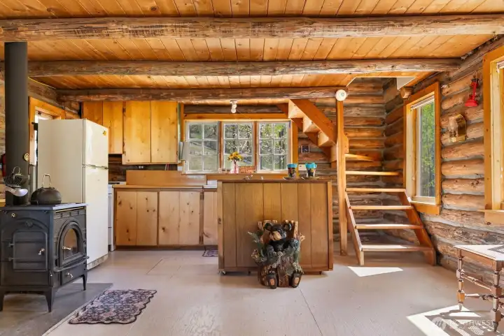Natural light streams into main level. Freestanding wood stove warms you to the core.