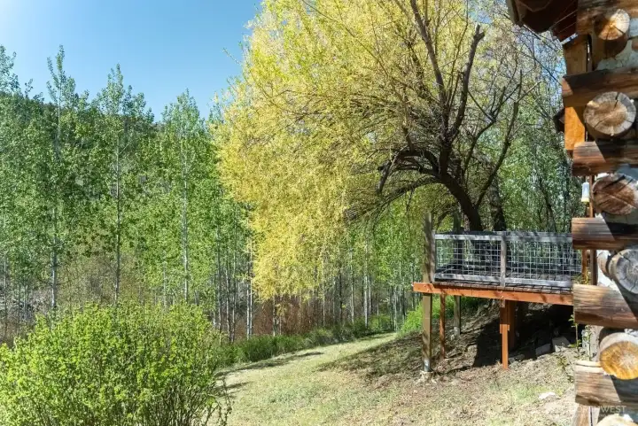 Wood deck off cabin overlooking creekfront.
