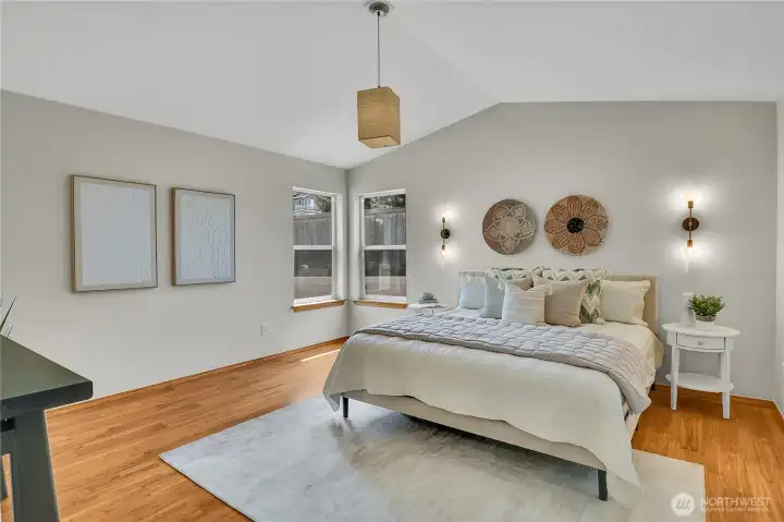 Primary bedroom with vaulted ceilings and 3/4 en-suite bathroom. New interior paint throughout! Primary bedroom with vaulted ceilings and 3/4 en-suite bathroom. New interior paint throughout!