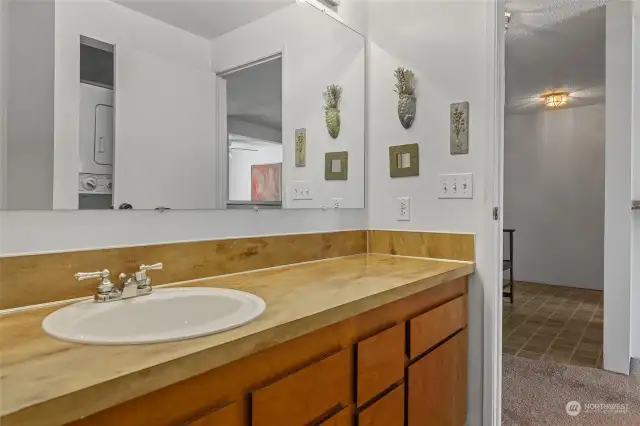 Lots of storage and counter space in the bath.  There is a linen closet in the full bath.