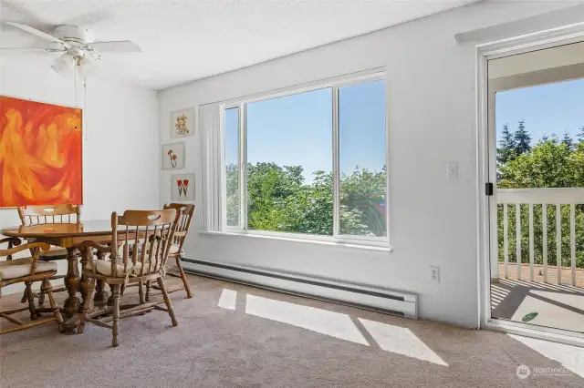 Condo is flooded with natural light from the large window and sliding door to the covered balcony.