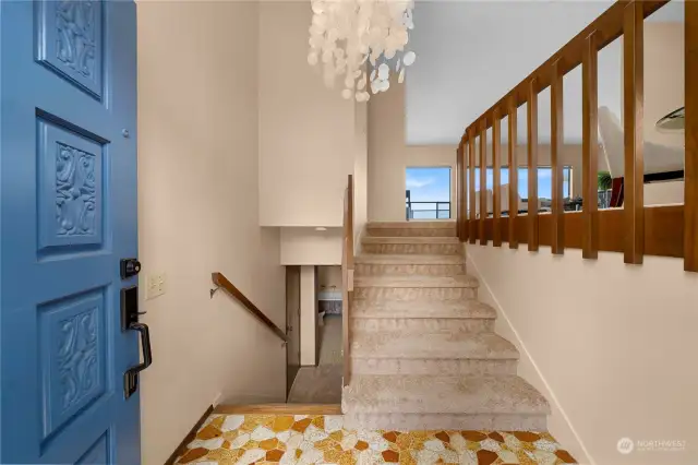 The split level entry takes you up to the light and bright view living room.