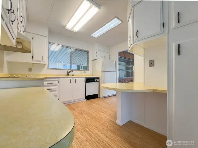 Kitchen, freshly painted cabinets.