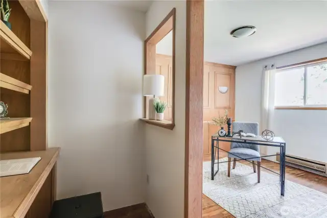 This second view shows the built-in shelves which are part of this room.