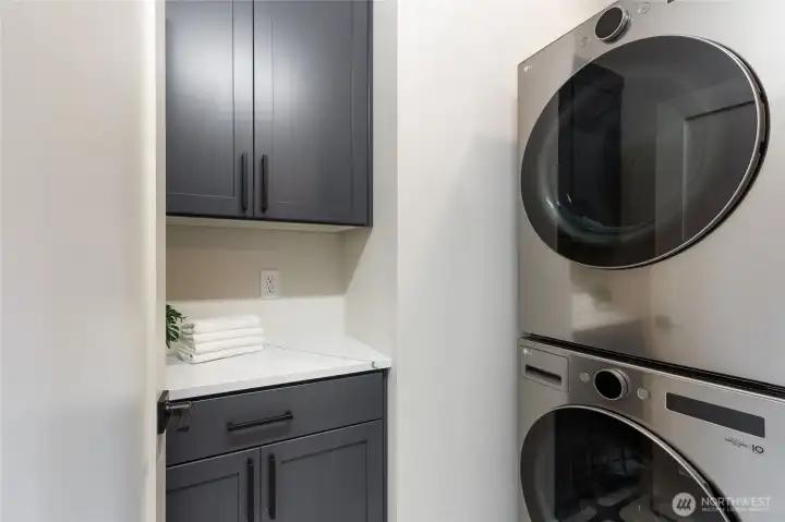 Streamlined and stylish, this laundry room pairs sleek appliances with dark cabinetry and a crisp white counter—making everyday tasks feel effortlessly refined.
