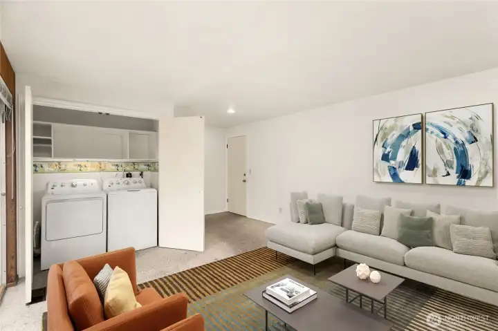 What usually happens in these 1960's homes is that the laundry is in the garage.  NOT the case here, it's inside your home, with actual doors, not the annoying bifold ones!